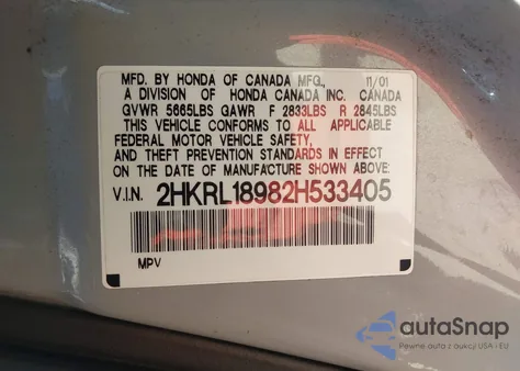 2002 Honda Odyssey Ex-L from USA, damaged, VIN 2HKRL18982H533405